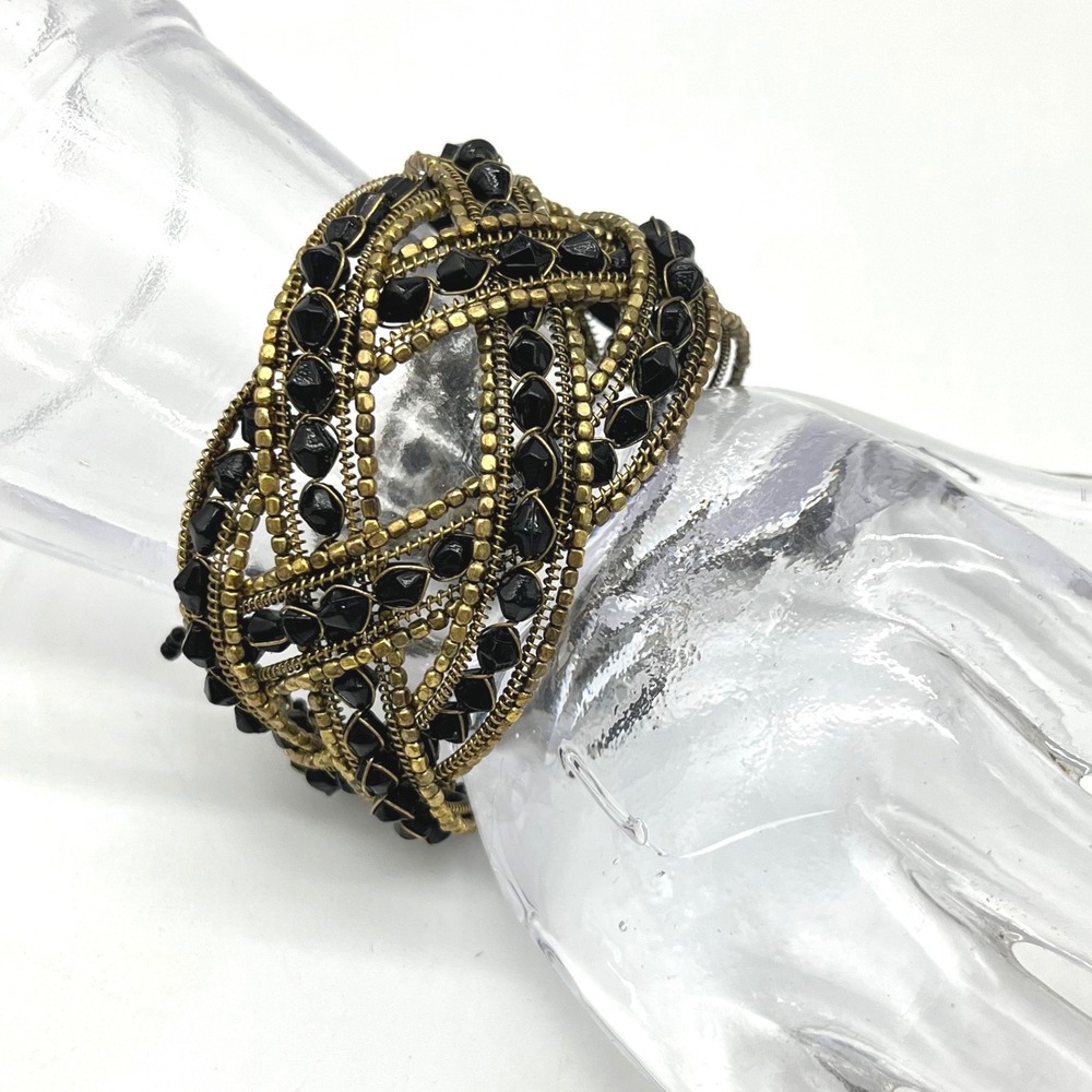 Bronze Tone Cuff Bracelet Black Faceted Beads Wire Wrapped‎ Design